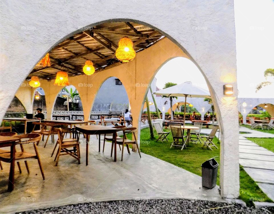 Coffee shop interior at dusk