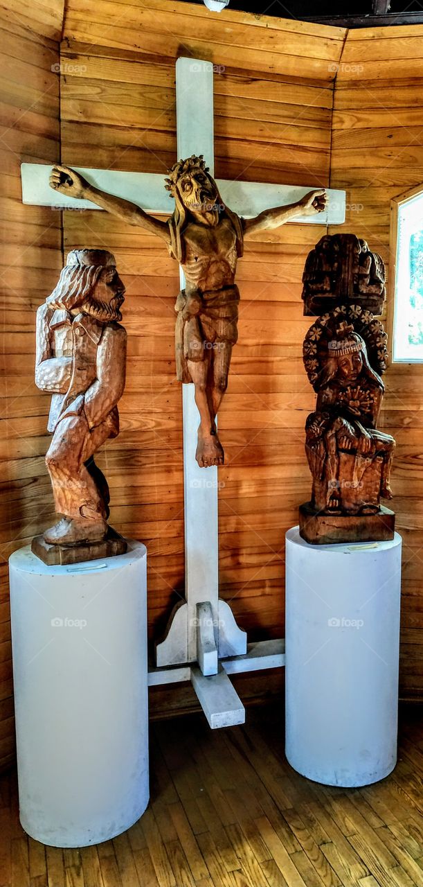 Path to Christ. Triptych. Wooden sculpture. Sculptor Chesnuli. Lithuania, July, 2019.