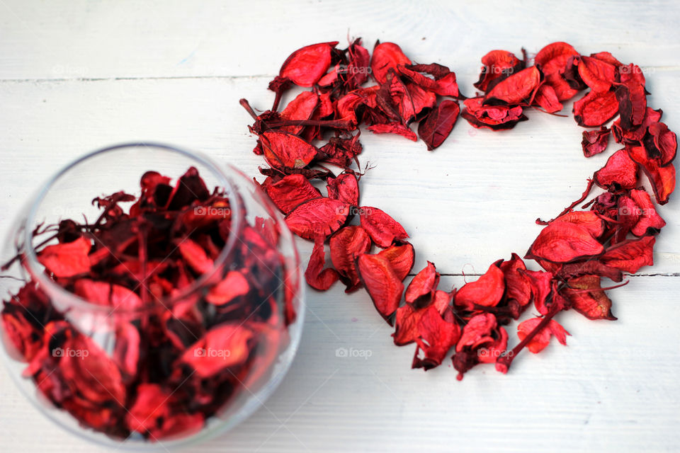 Heart and flower petals on a white background