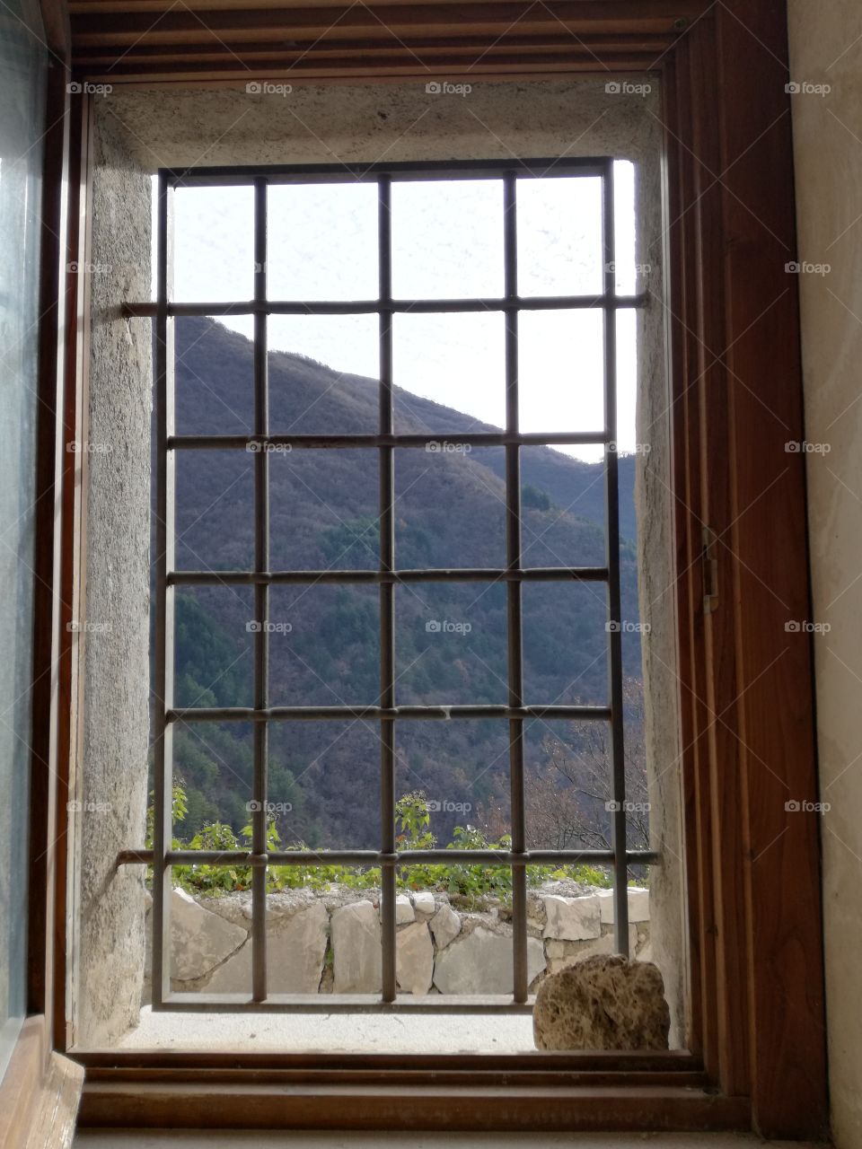 A mountain view through the window