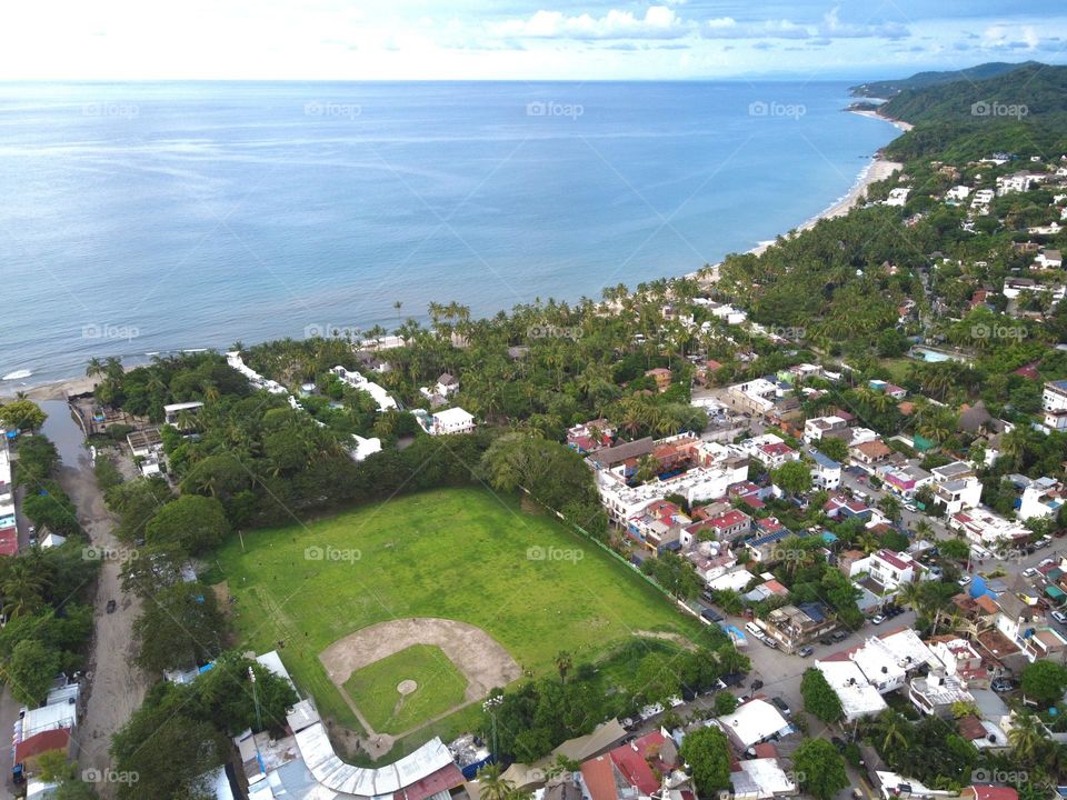 Estadio de beisbol desde las alturas en sayulita Nayarit mexico, la casa de los Jaibos