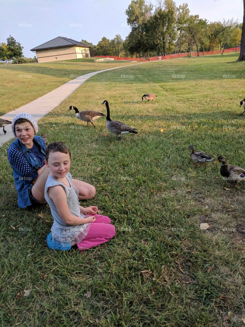 The girls at the park feeding the geese and ducks on a breezy afternoon. sunny, hot, summer, smelly, loud, bread, fun.