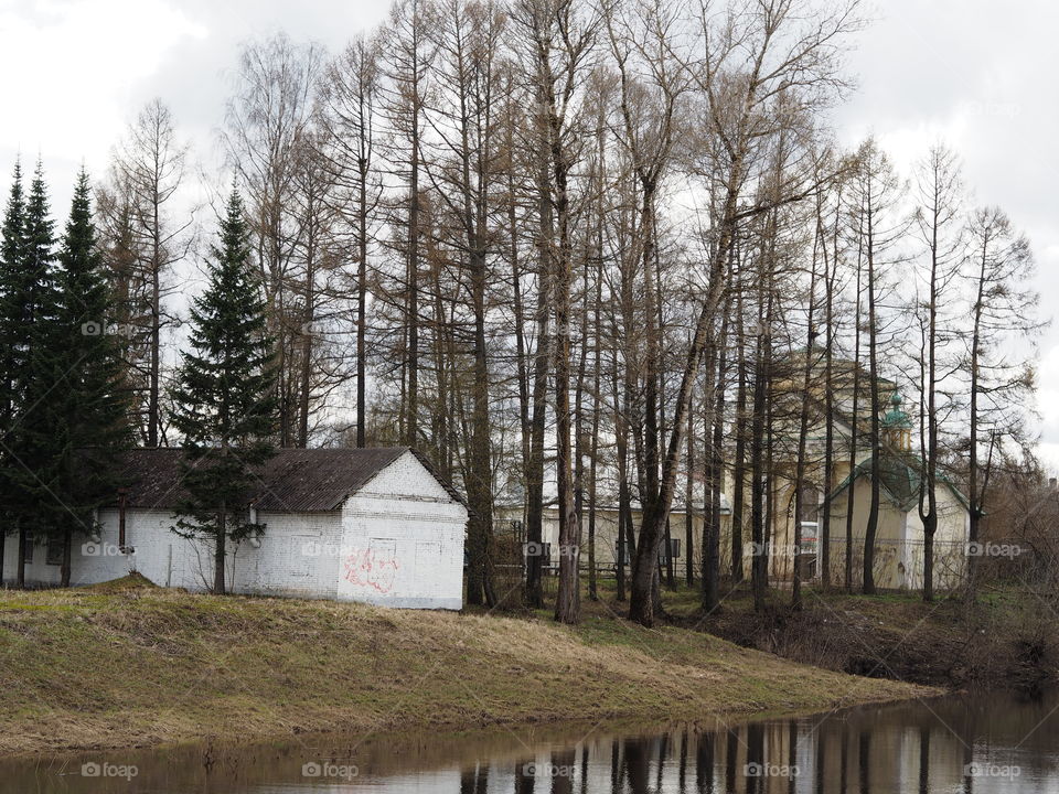 Spring. House. Trees. River. Reflections