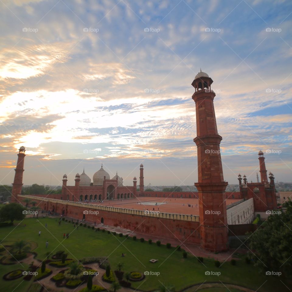 Mughal architectural mosque with four minarets monument 