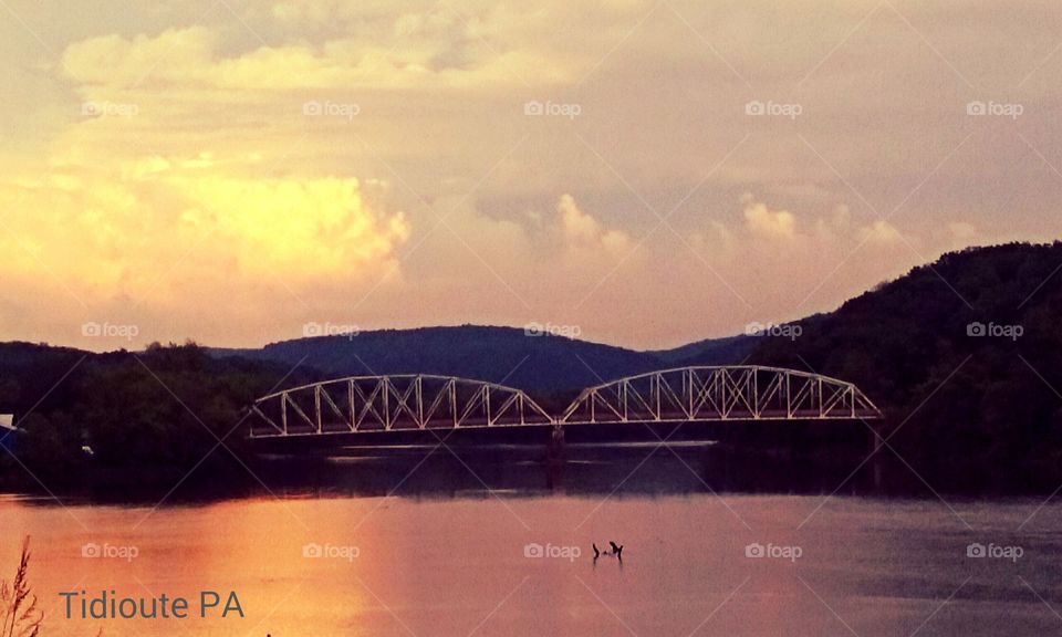sunset in the water. bridge sunset