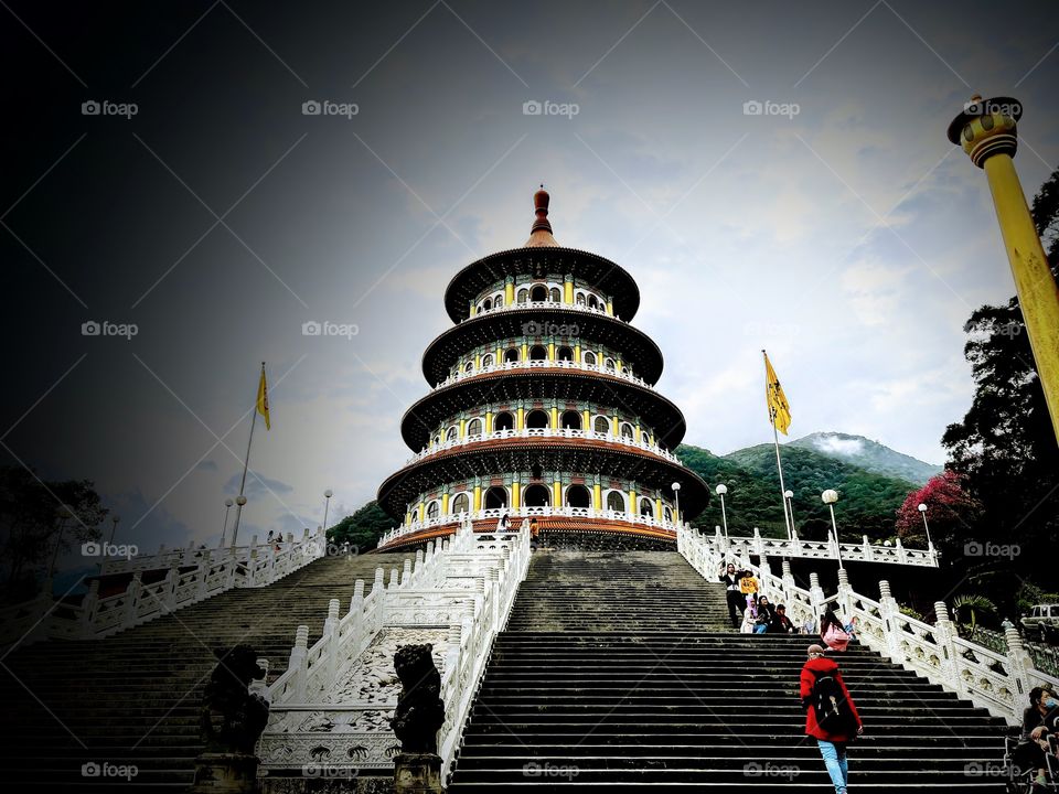 Temple under the dark cloudy skies 