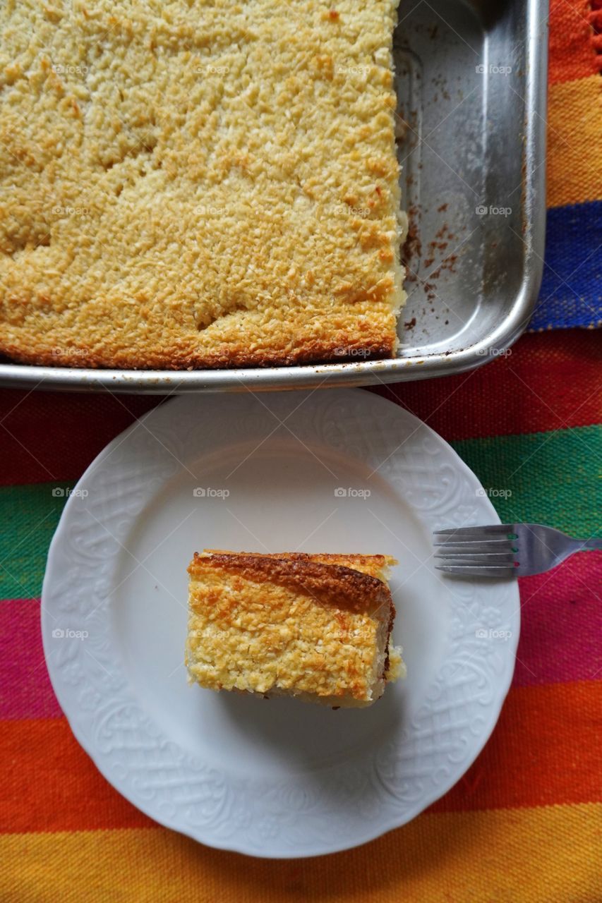 Cassava cake, a traditional recipe from northeastern Brazil. Manihot esculenta, commonly called cassava is a woody shrub native to South America