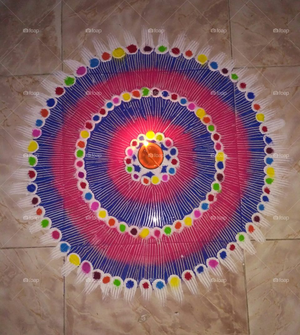 Rangoli / Colourful Street Drawing, made on the occasion of Diwali (an Indian Festival) / Festival of Joy / Colourful Art / creative / design / traditions / lamp / India