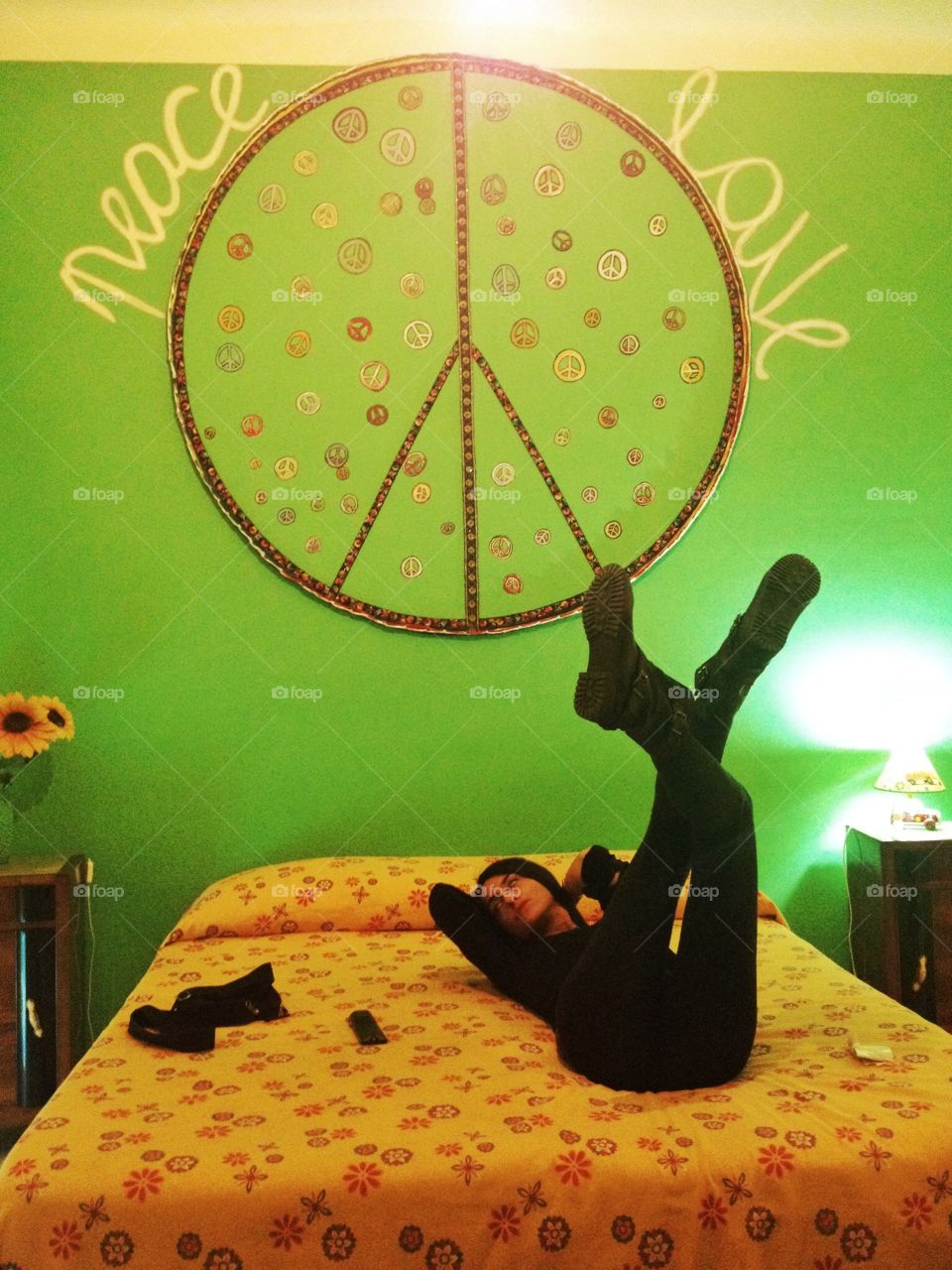 Inside the green room. Peace and love room at the hotel