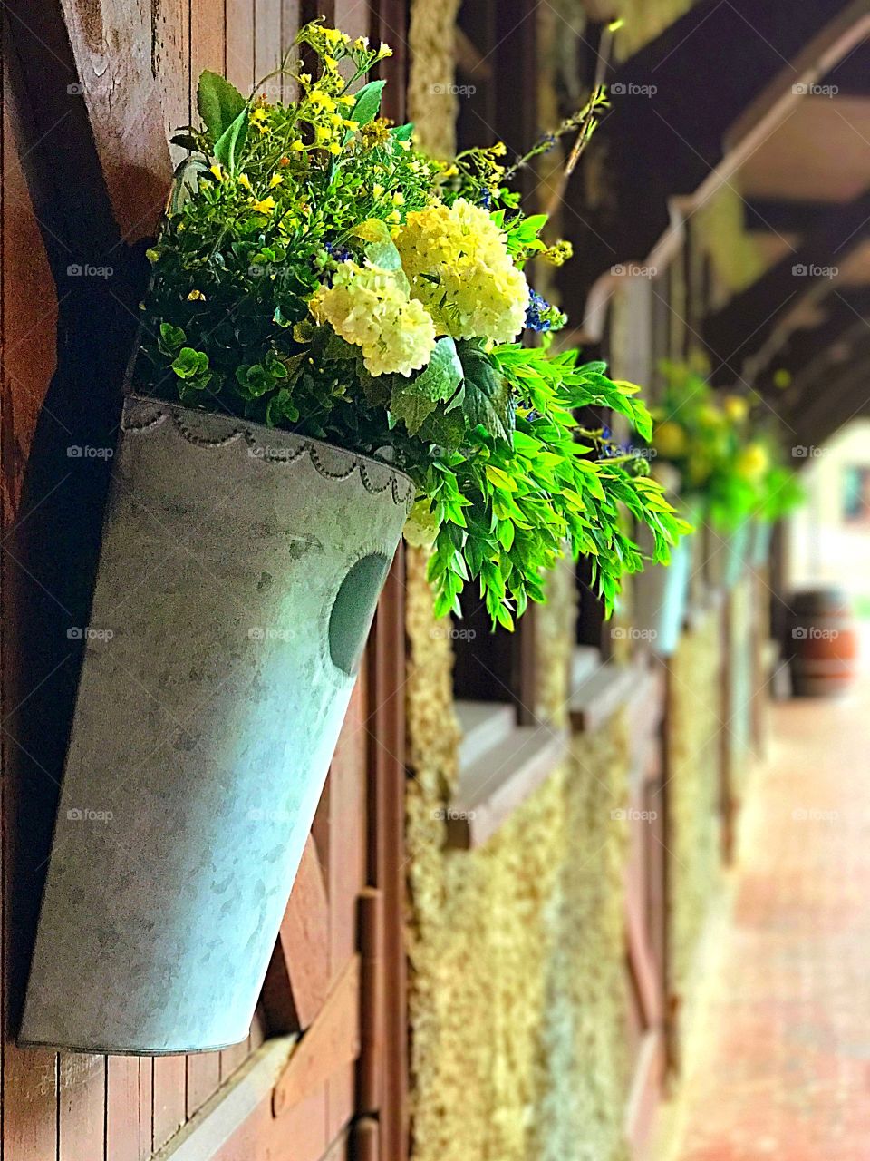 Tin bucket of fresh cut yellow flowers hanging on a porch 