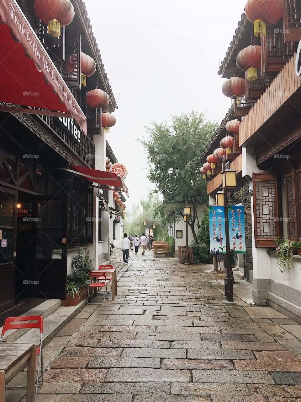 Traditional Chinese street with red lanterns, Huzhou, China