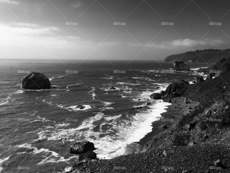 Black and white California coastline 