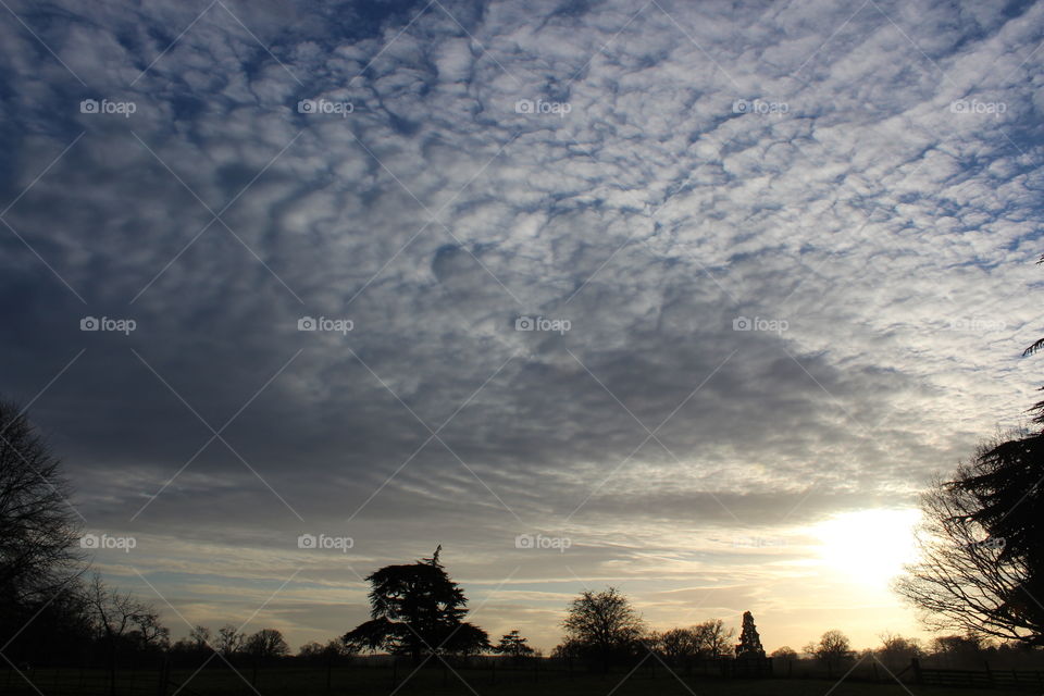 Clouds at sunset with trees silhouetted.