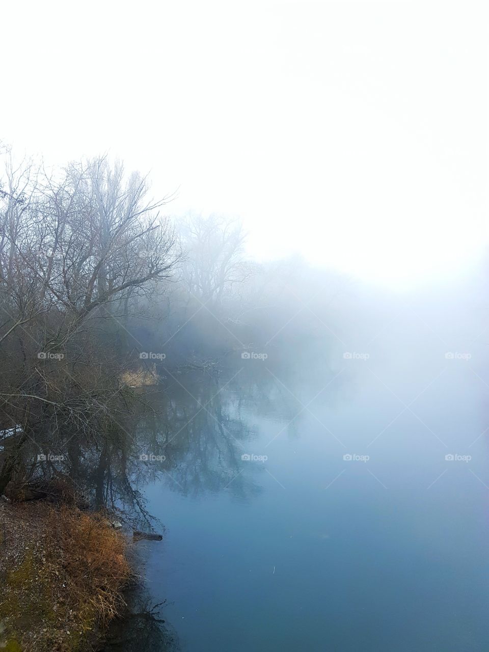 Clear reflection in river with fog