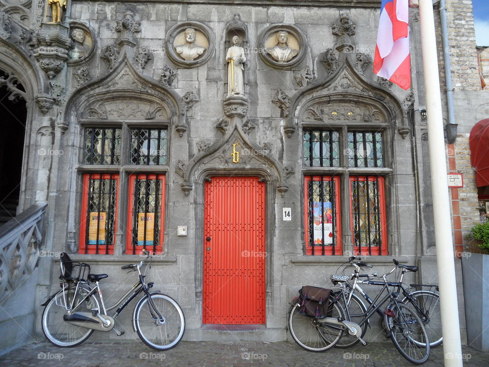The Red Door & Windows of the Basilica of Holy Blood in Brugge, Belgium