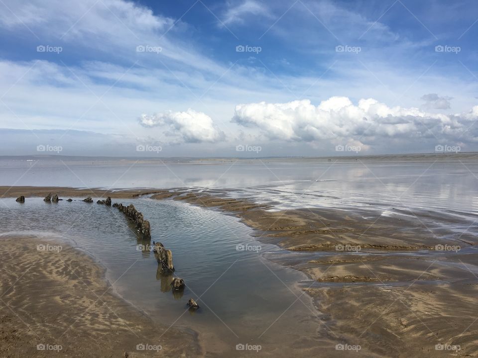 Sunken shipwreck, Westward Ho! Beach, Devon, England, 2016. 