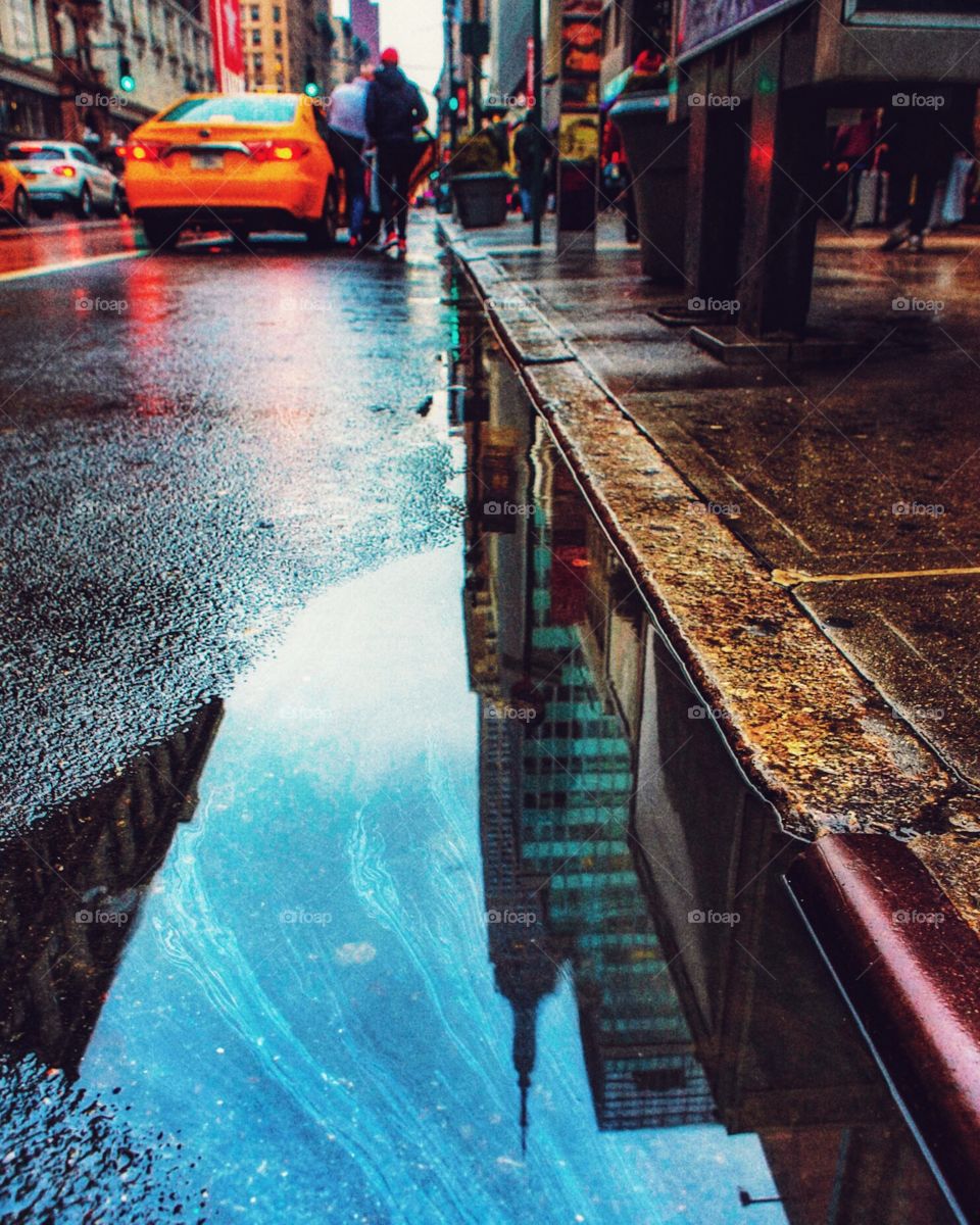Rain, reflection, urban, city, skyscraper, Empire State Building, nyc, taxi