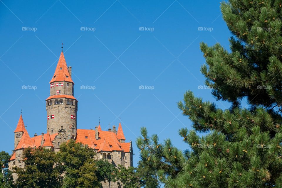 The famous Czech castle Bouzov with a typical roof and shutters.