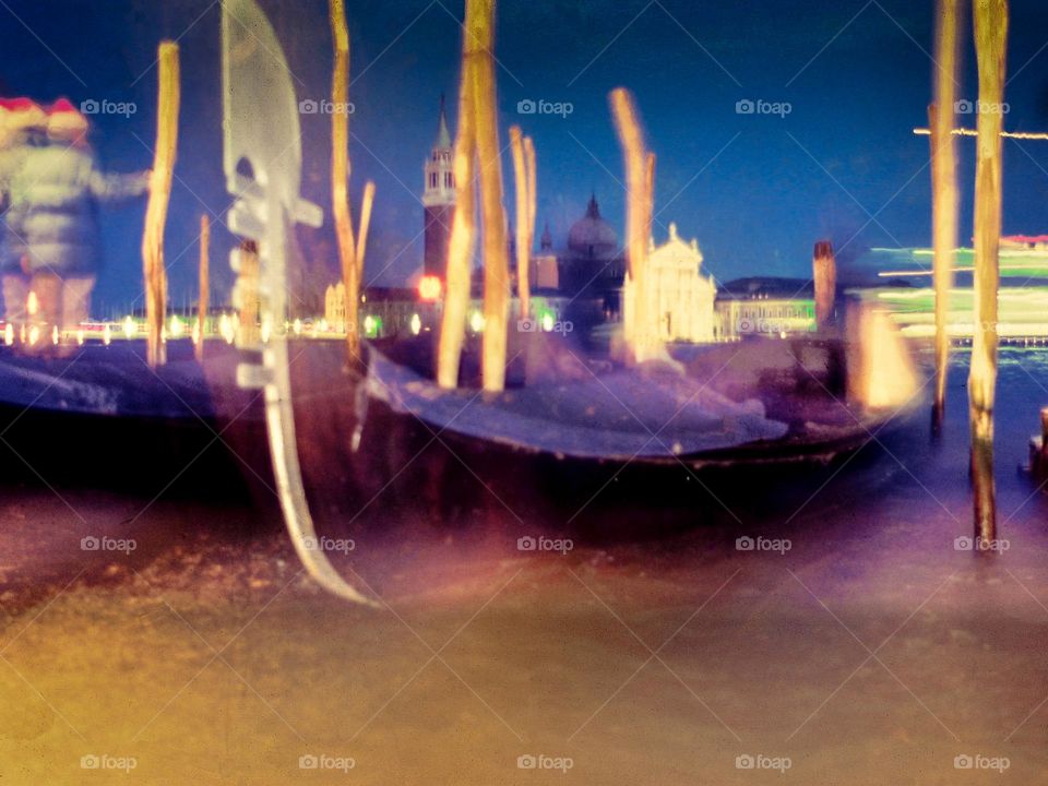 Long exposure shot of rocking gondola in Venice, February 1985