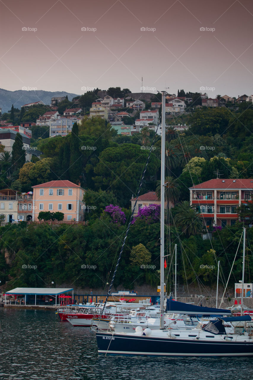 Yachts in Boko Kotor bay at Sunset. Herceg Novi, Montenegro