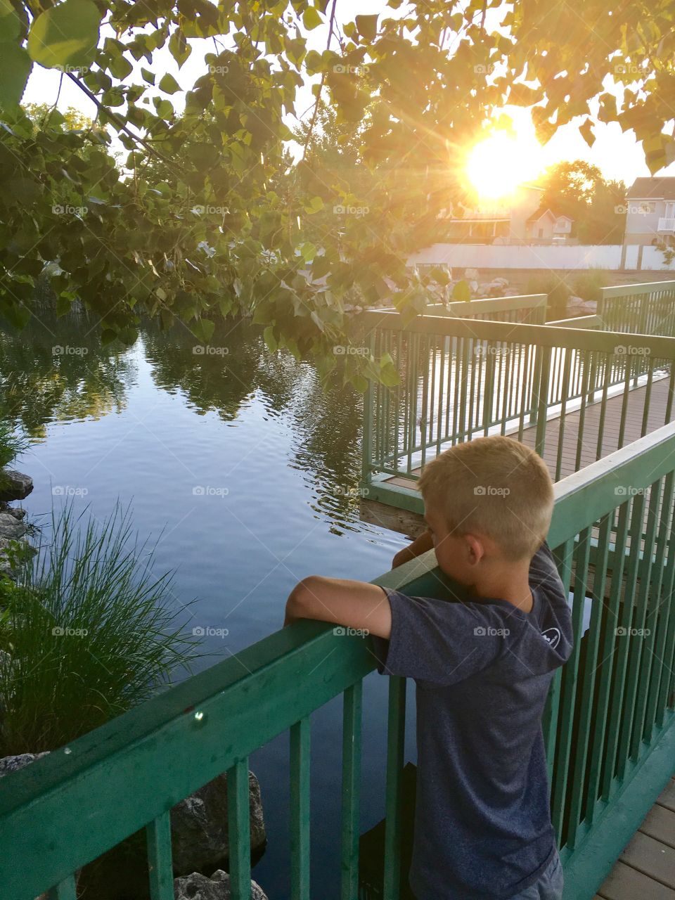 Perfect sunset. Boy. Water. Reflection. Great night. Kid. Child. Water. Trees. Beautiful sky..