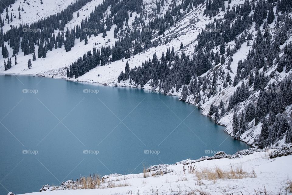 Beautiful big almaty lake in autumn season , Kazakhstan is new landmark for tourists around the world 