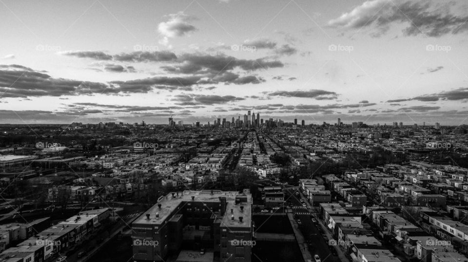 Black and white of Philadelphia Skyline at sunset. 