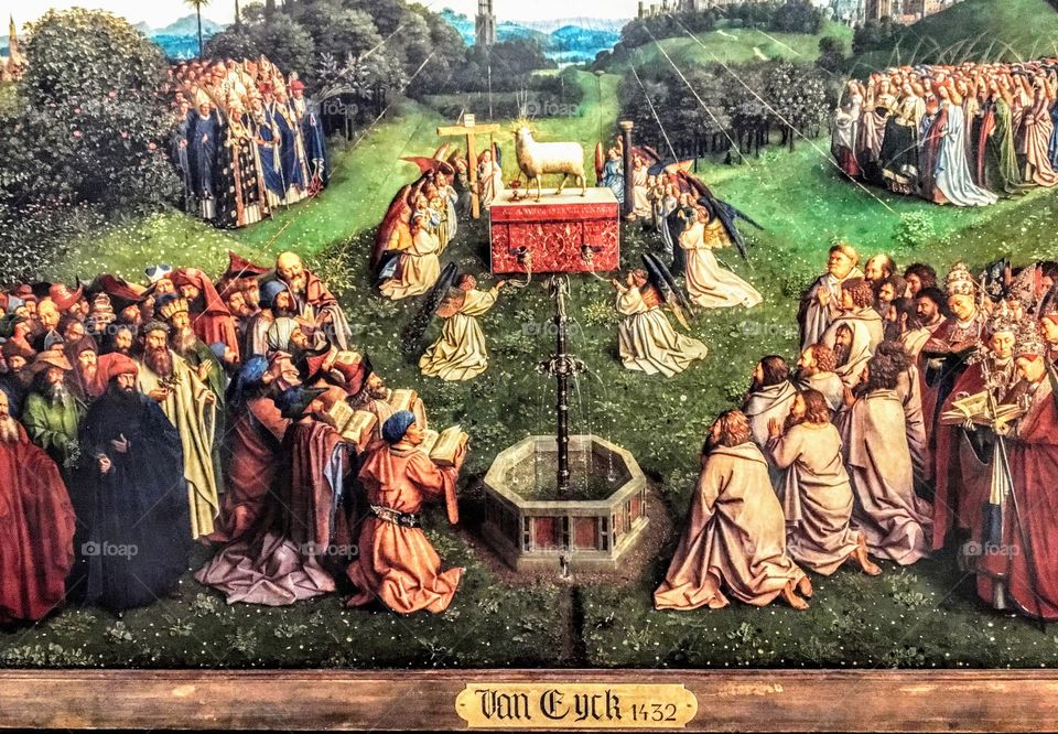 Ghent Altarpiece detail: Adoration of the Mystic Lamb (Agnus Dei) - Brothers Hubert and Jan van Eyck