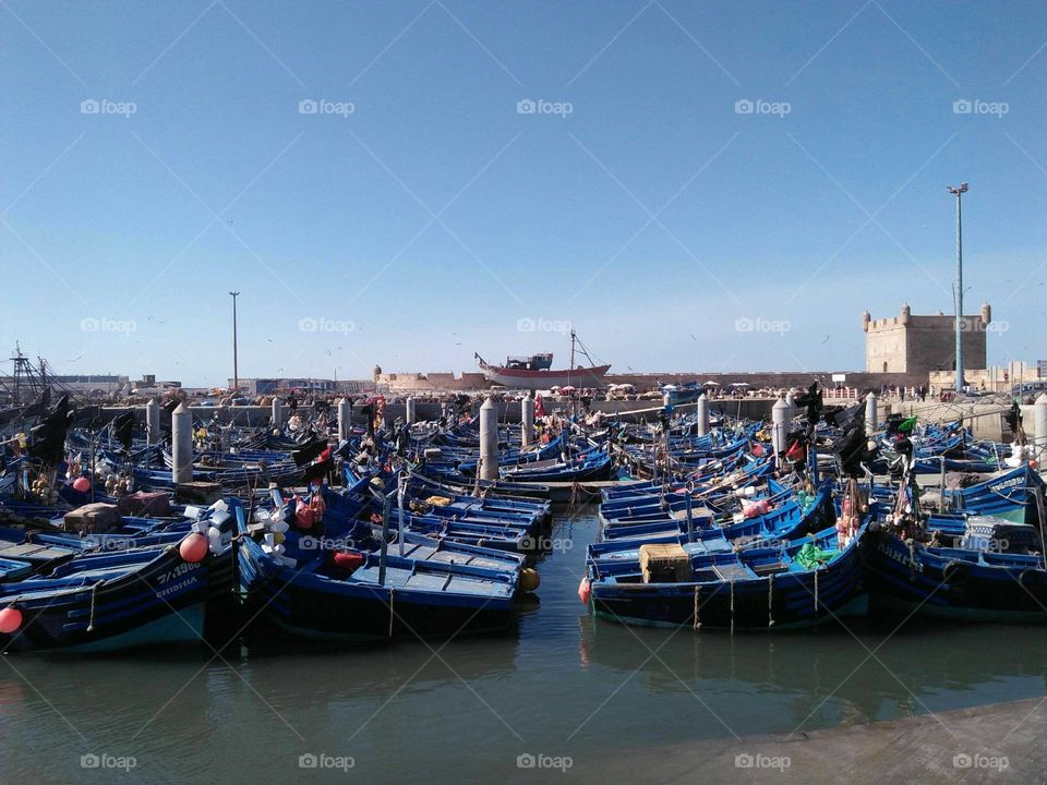 Flock of blue boats in the harbour at essaouira city.