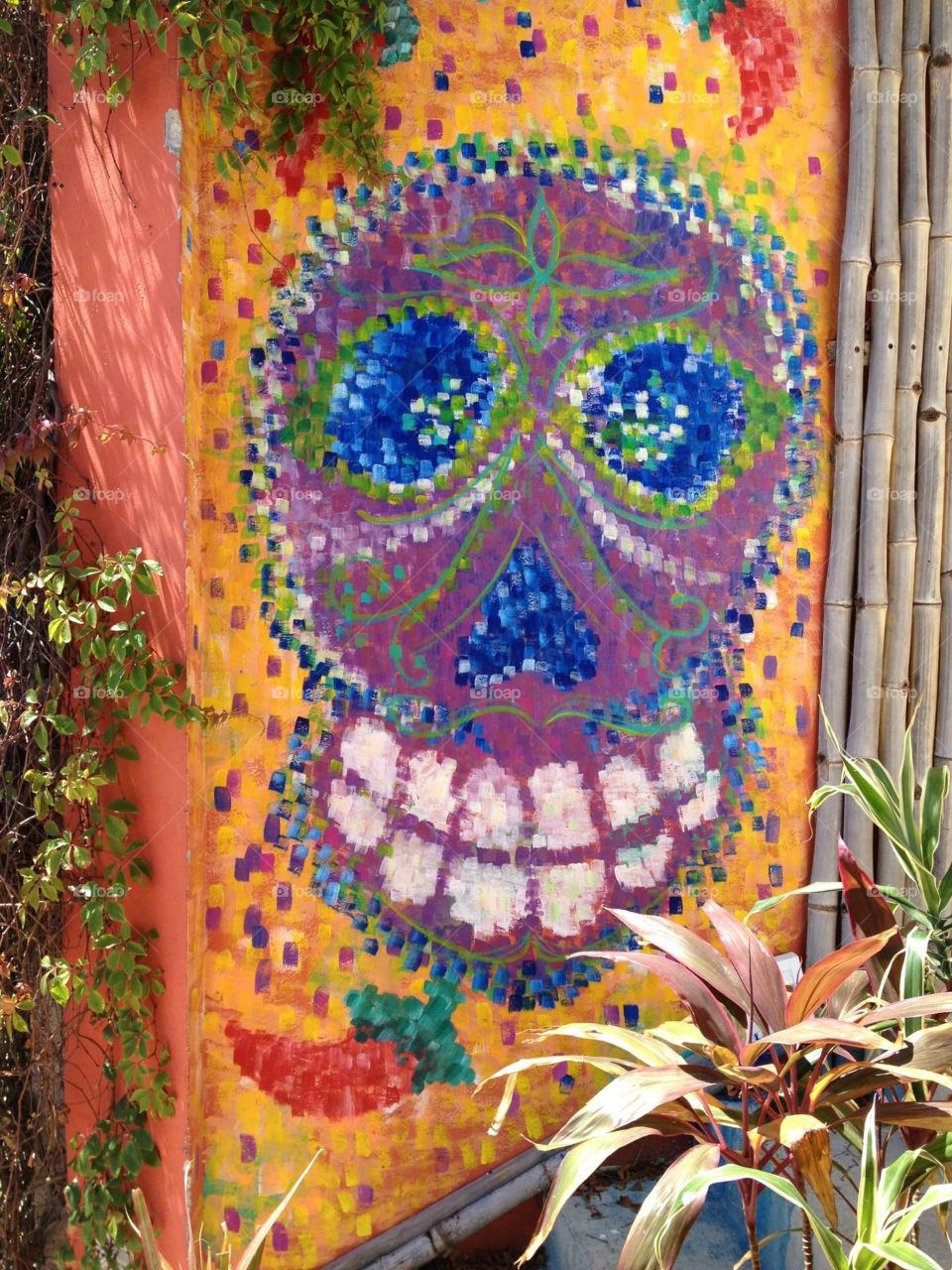Day of the dead mosaic on a wall in puerto morales Mexico 