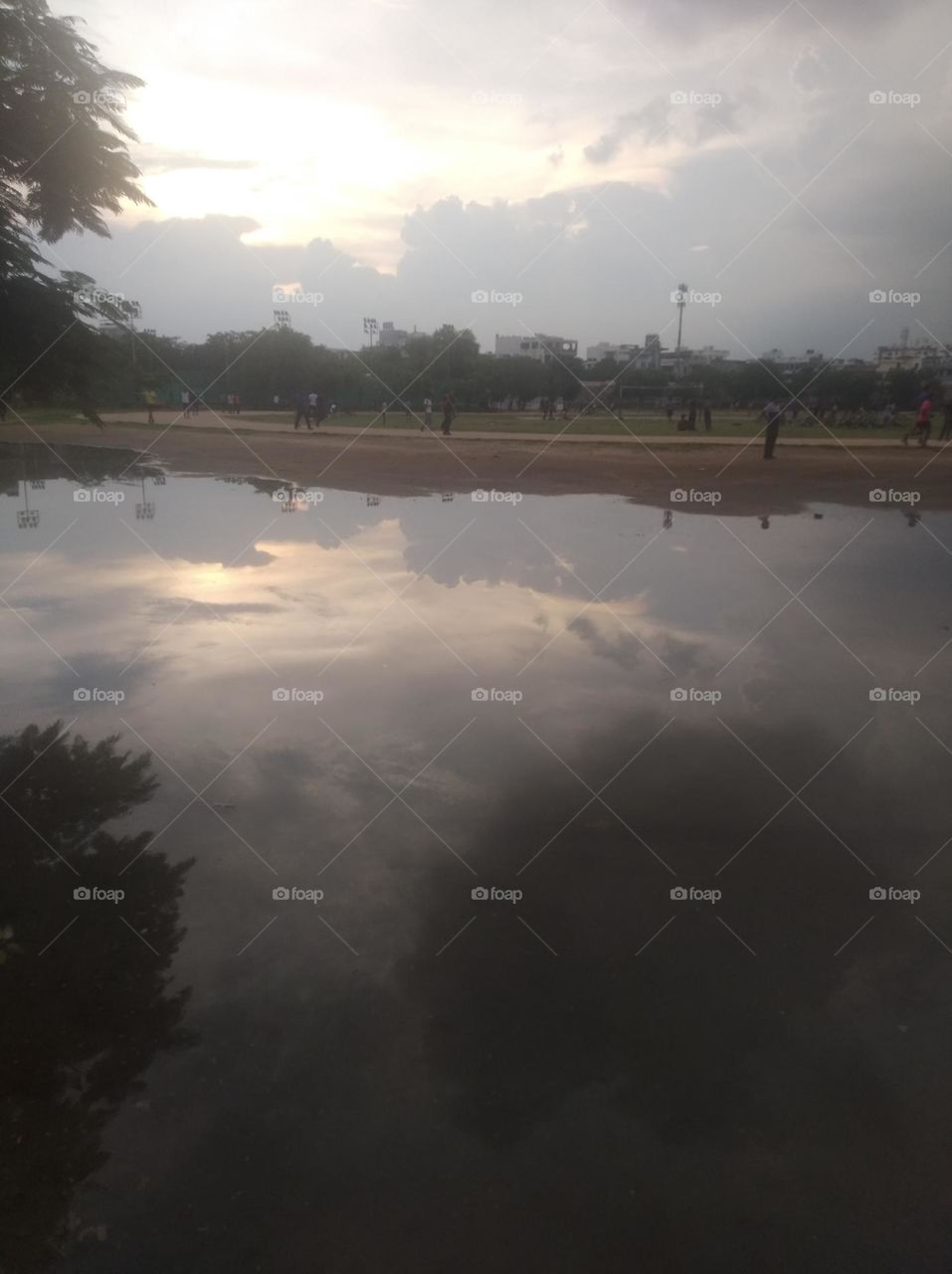 reflection in water, sky, cloud sun green tree sunlight, looks very beautiful, mirror image