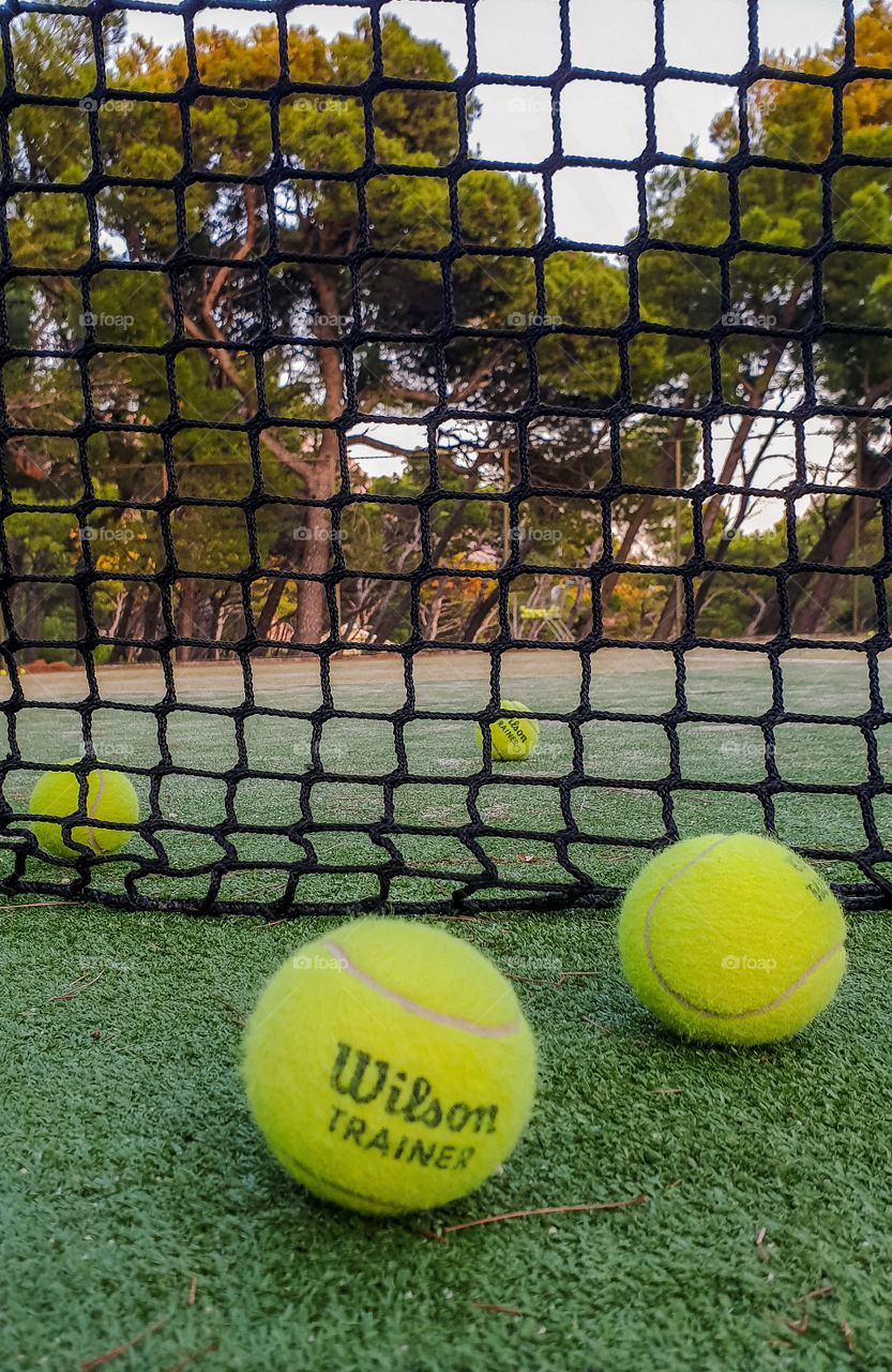 Tennis balls on an outdoor court in the summer near the net against the backdrop of a pine forest and the sea