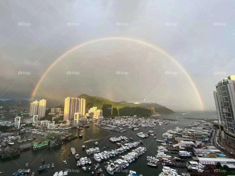 Rainbow, City, Skyscraper, Cityscape, Harbor