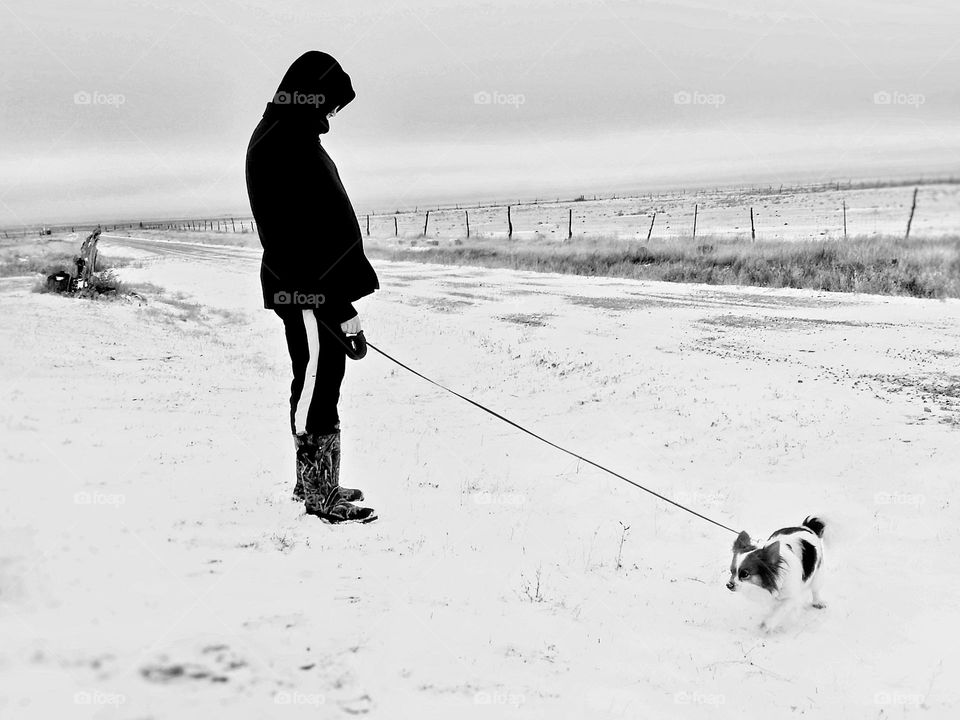 Cold Day Walk with the Dog In Black & White