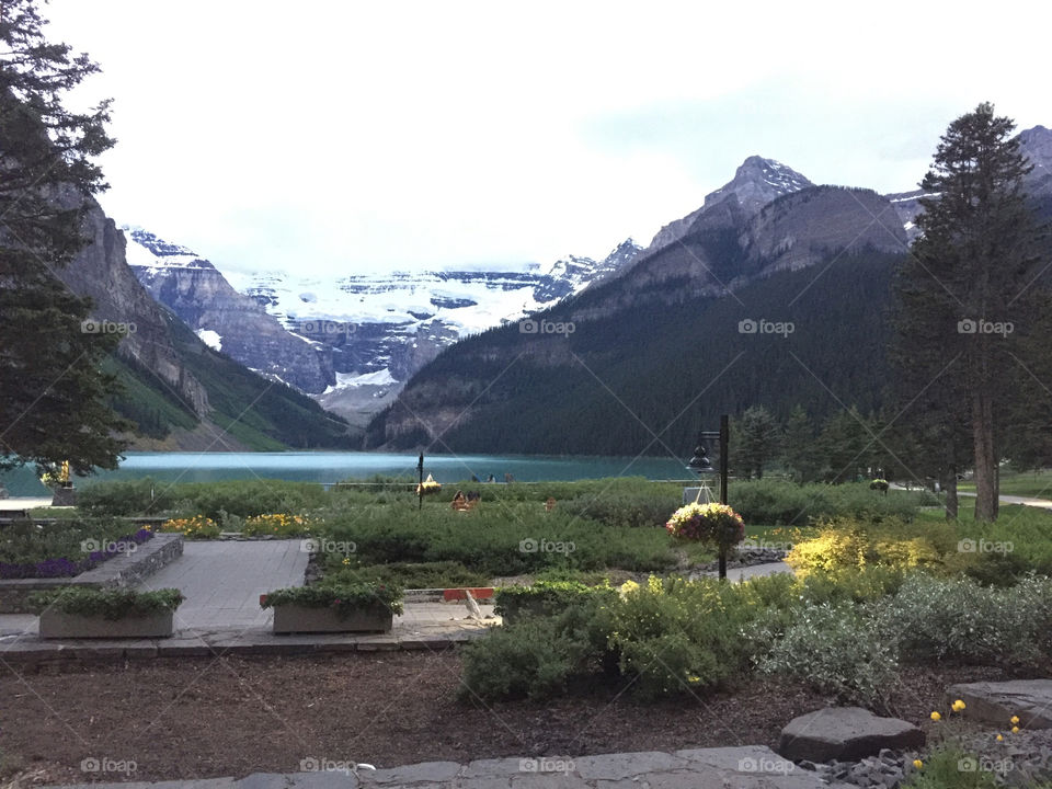 Terrace of the Fairview luxury hotel nestled by Lake Louise in Canada