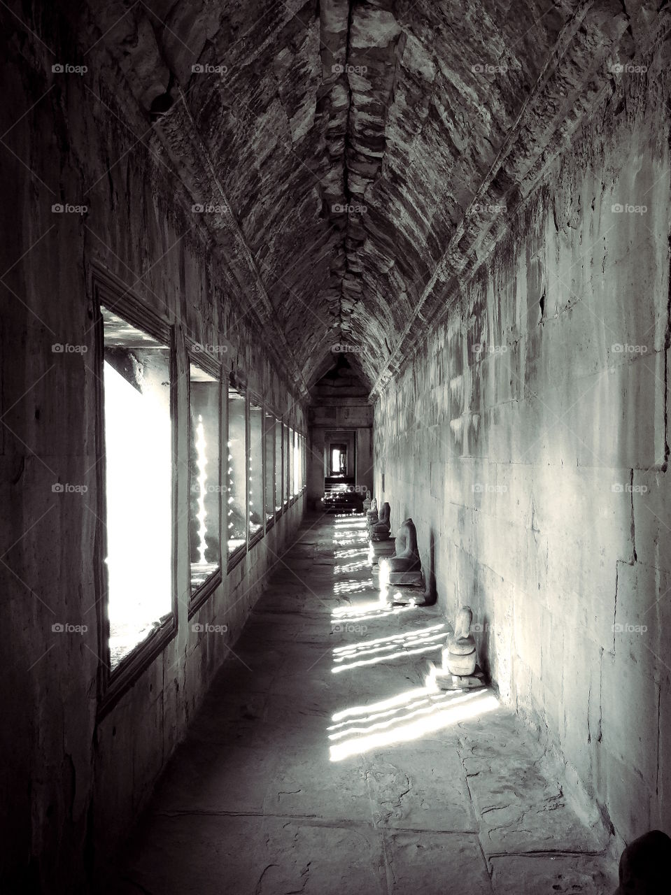 Angkor Wat Temple Buddha Hall, Siem Reap Cambodia black and white