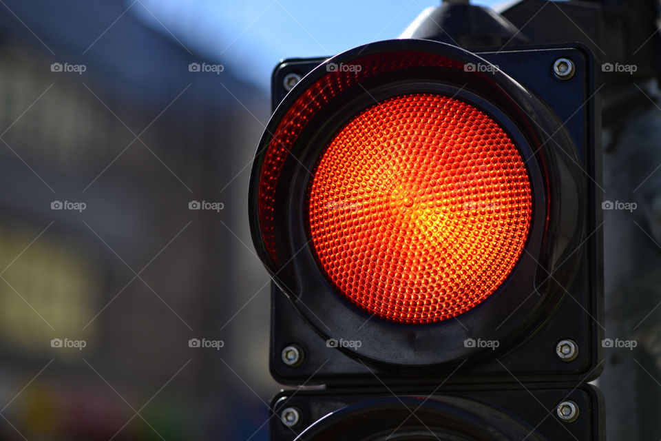 The red semaphore light. Traffic control light.