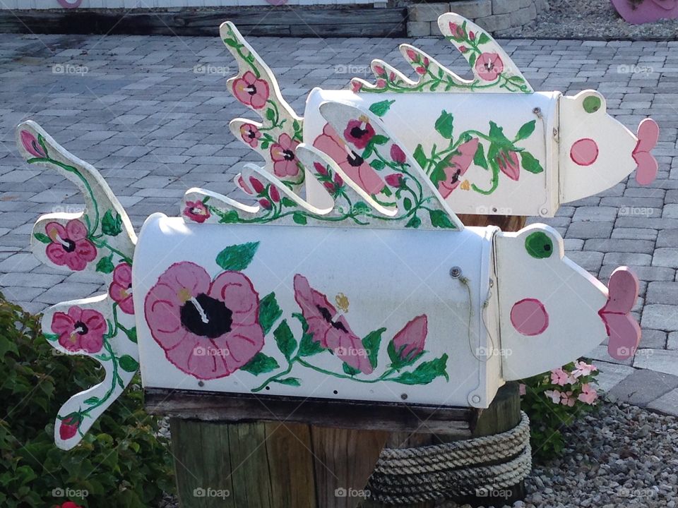 Pink floral fish mailboxes