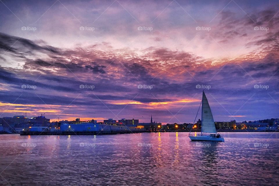 Yatch at dusk in Casco bay