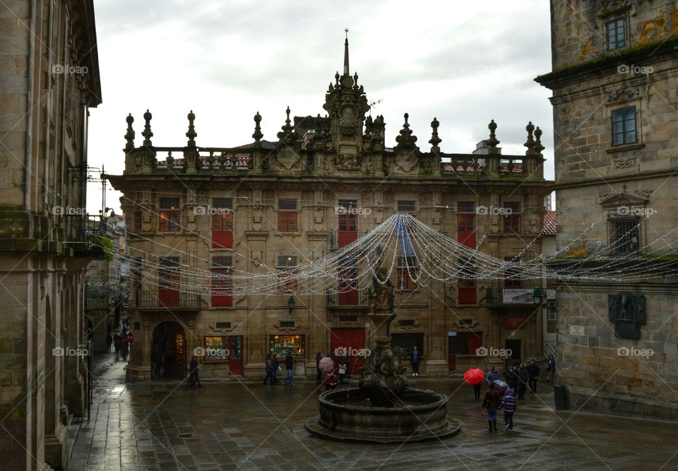 Fountain at Platerías Square, Santiago de Compostela, Spain.