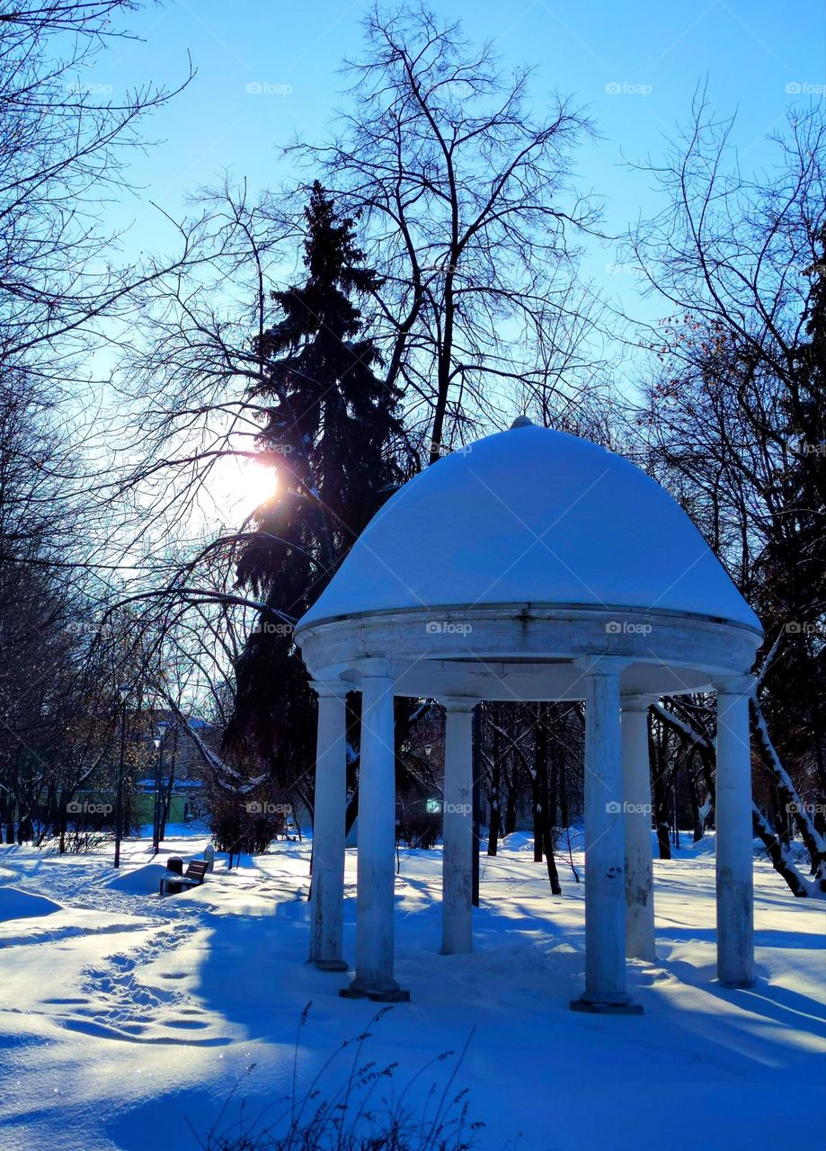 Sunny winter day. White gazebo among trees covered with white snow. Sun breaks through the trees