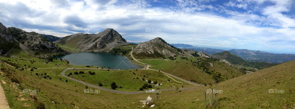 Panoramic landscape of Enol lake in Lagos de Covadonga, Asturias - Spain 