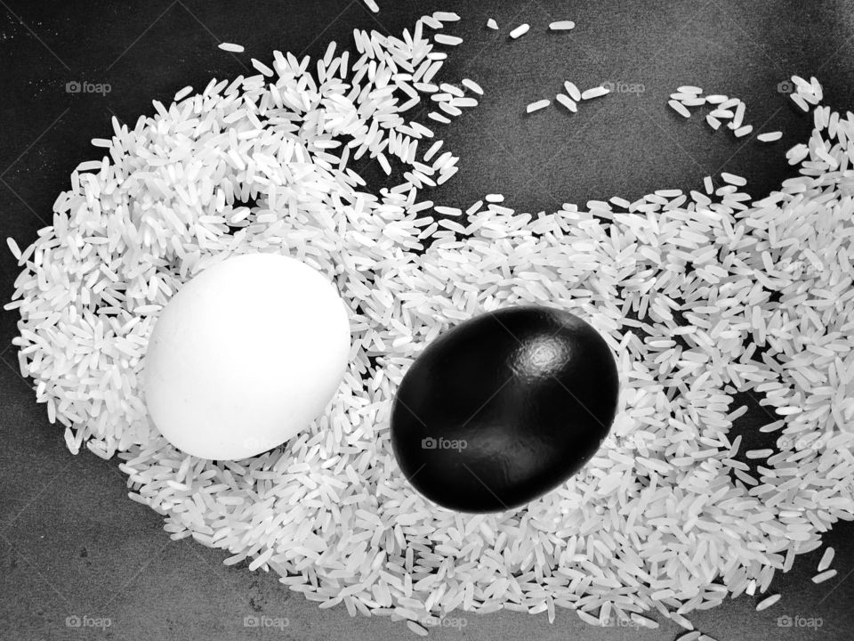 black and white rice and eggs food texture