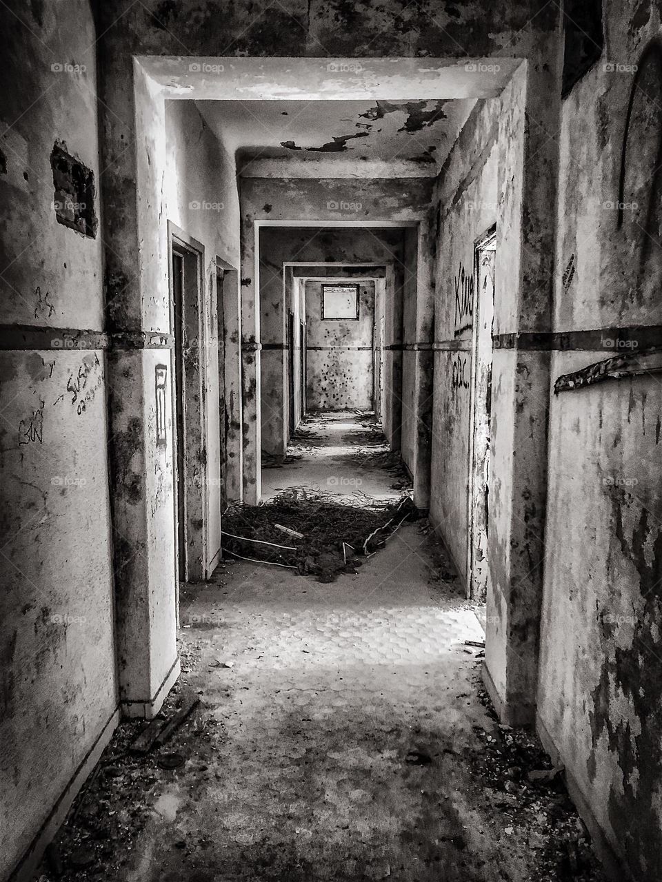 A corridor of an abandoned hotel