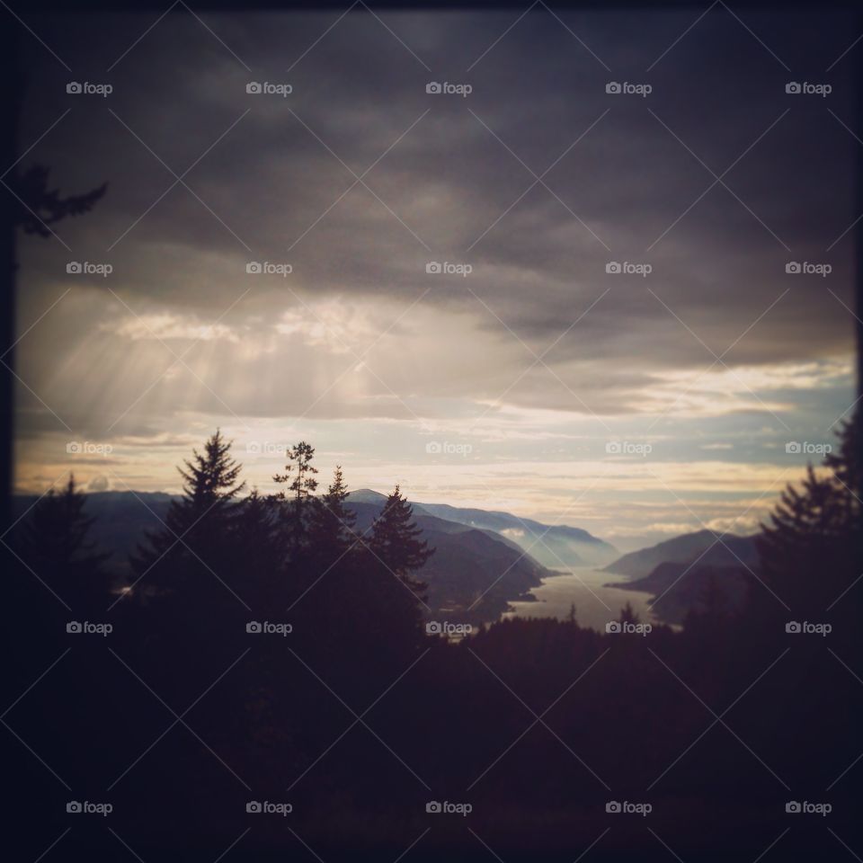 A stormy view over the Columbia River Gorge. 