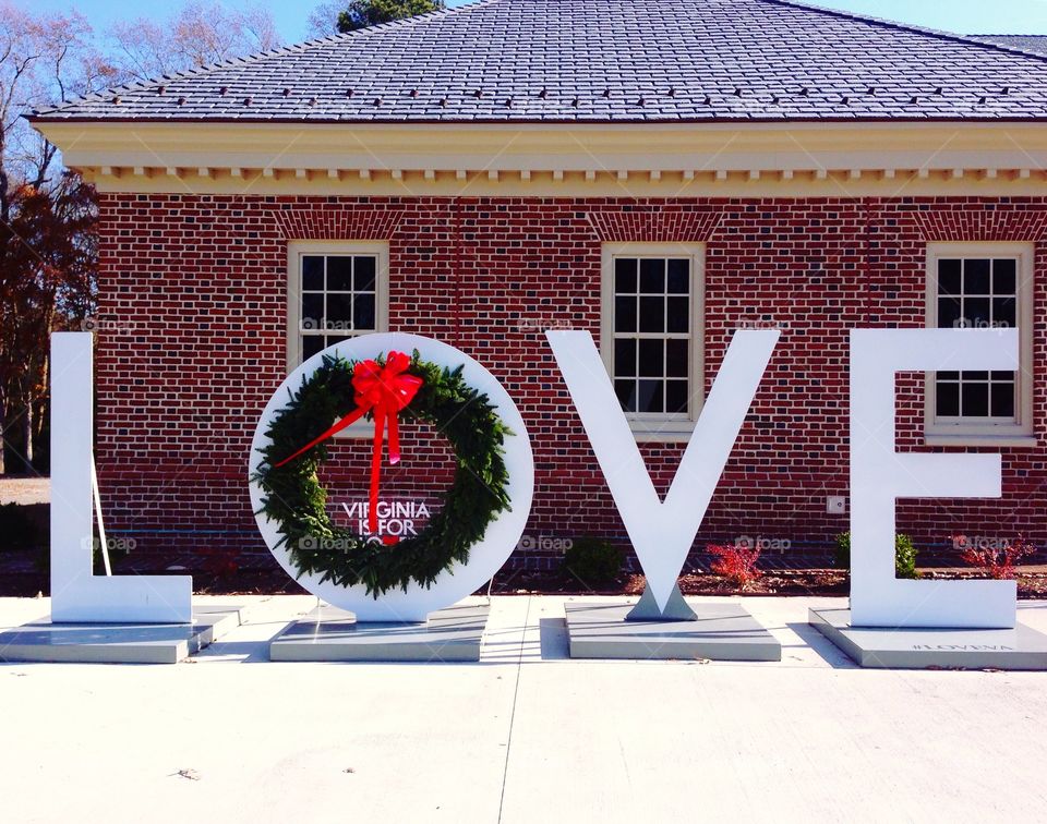 Virginia is for Lovers sign decorated for the holidays. 