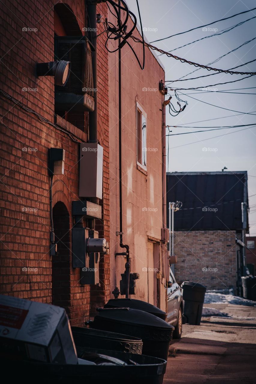 Brick building and alleyway.