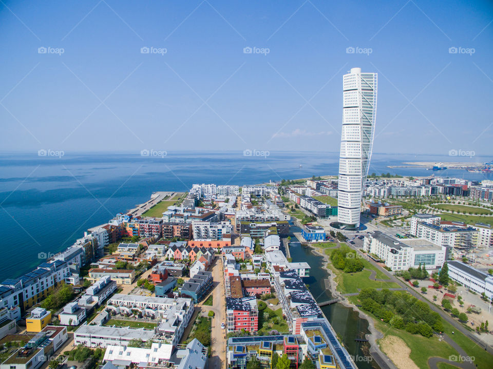 View over west harbour in Malmö Sweden with skyscraper Turning Torso.