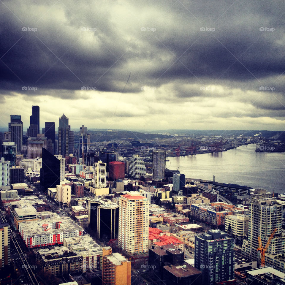 Seattle Skyline from Space Needle. From up above, Seattle beams bright.
