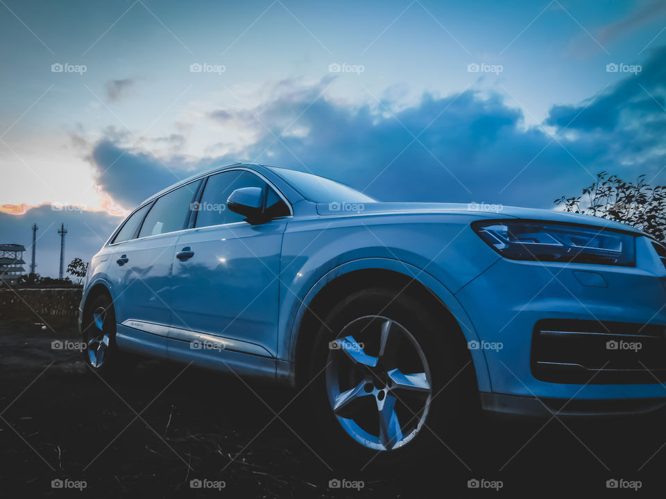 Car View at evening with Sky and clouds.